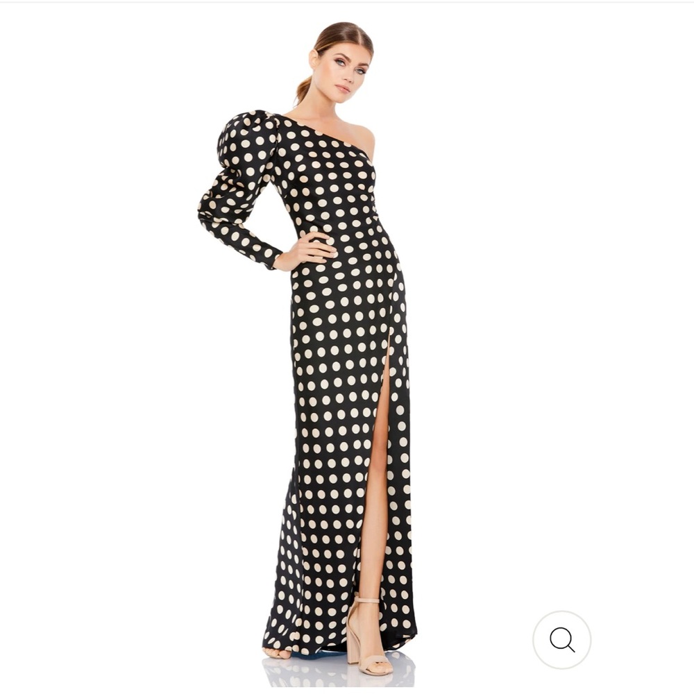 MacDuggal Polka Dot One Shoulder Long Puff Sleeve High Slit Gown Size 8